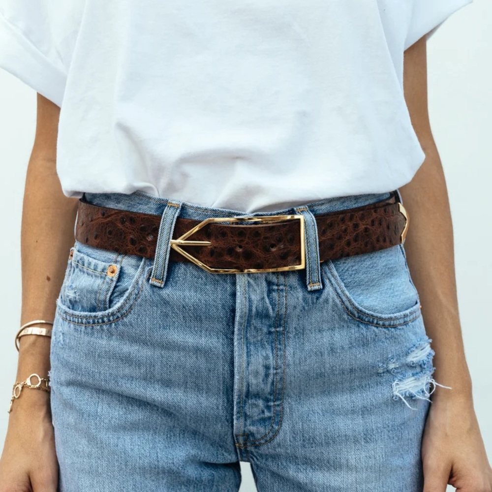 Coco Sands Brown Ostrich Embossed Leather Waist Belt w/ Gold Hardware